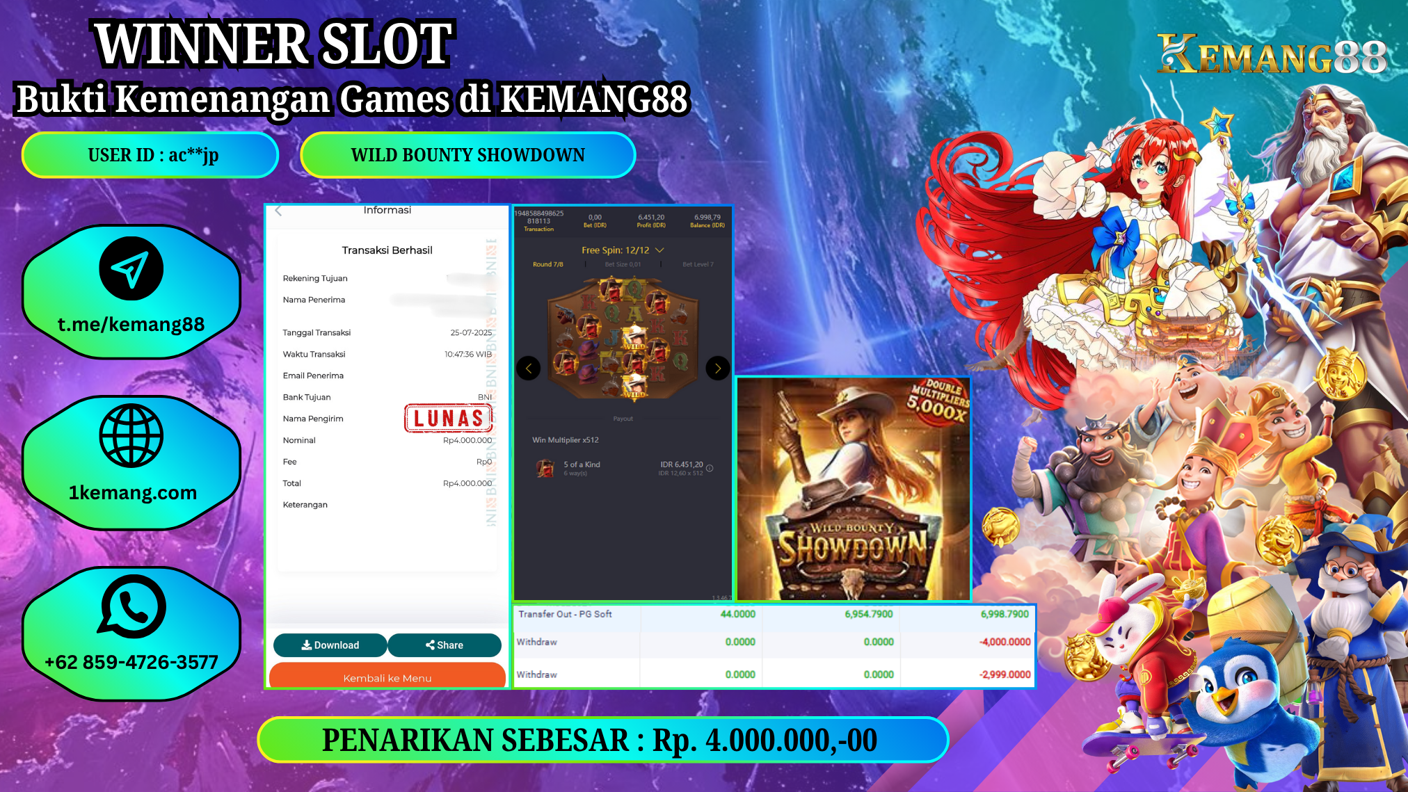 KEMANG88 [25 JULY 2025] : JACKPOT SLOT :  WILD BOUNTY SHOWDOWN [PG]  Rp.4.000.000.,- LUNAS